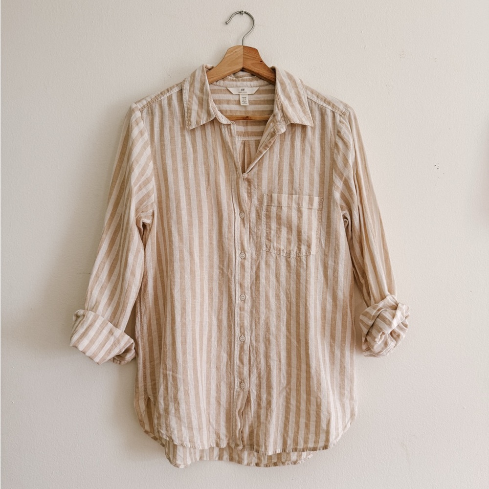 H&M Neutral Stripe Linen Blend Button Down